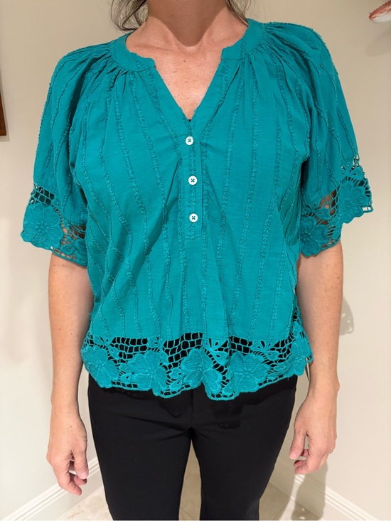 Liverpool Tops - Liverpool Teal Crochet-Hem Button Front Blouse